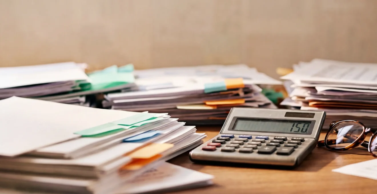 Analyse experte de documents de mutuelle avec calculatrice et lunettes