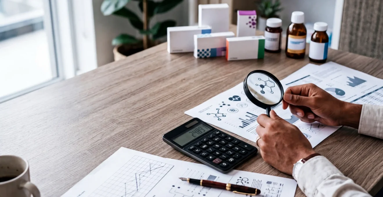 Bureau moderne avec documents de remboursement santé et calculatrice, mains analysant les données pour anticiper les déremboursements