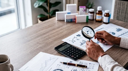 Bureau moderne avec documents de remboursement santé et calculatrice, mains analysant les données pour anticiper les déremboursements