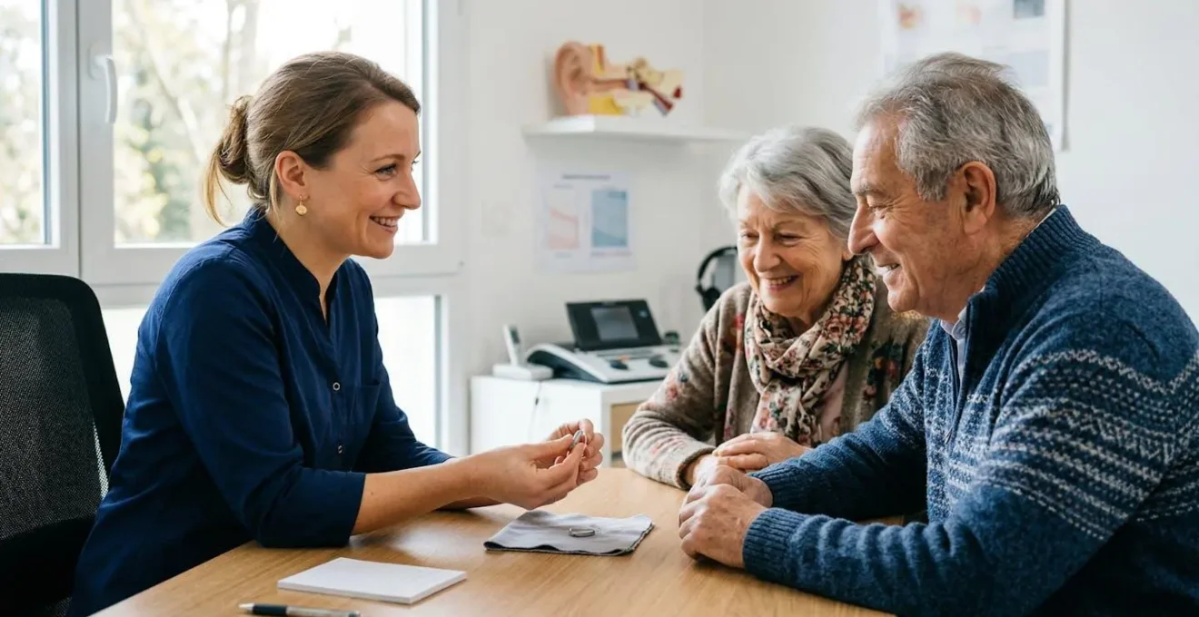 Couple senior consultant un audioprothésiste dans un centre auditif moderne, examinant un appareil auditif de classe 1