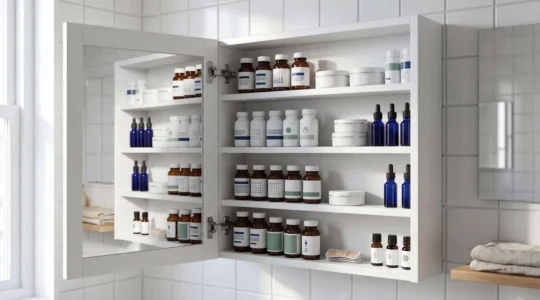 Armoire à pharmacie familiale bien organisée avec médicaments soigneusement rangés et liste de vérification