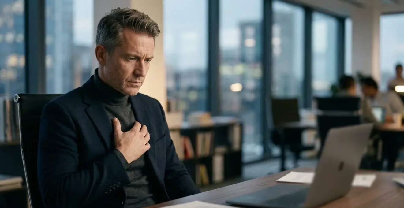 Cadre stressé en environnement professionnel montrant des signes subtils de tension cardiovasculaire