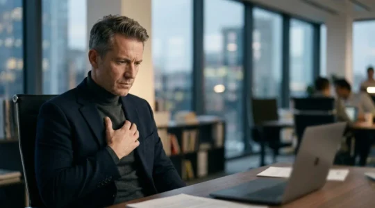 Cadre stressé en environnement professionnel montrant des signes subtils de tension cardiovasculaire