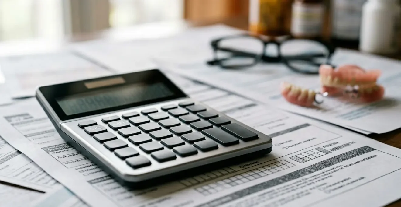 Calculatrice moderne posée sur des documents de santé avec lunettes et prothèse dentaire floues en arrière-plan