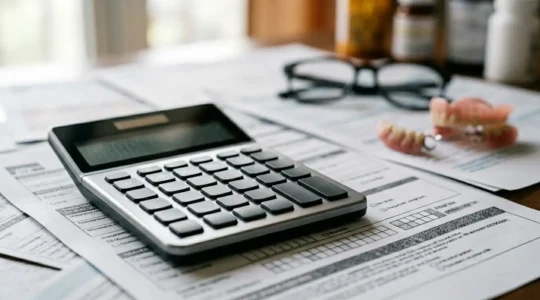 Calculatrice moderne posée sur des documents de santé avec lunettes et prothèse dentaire floues en arrière-plan