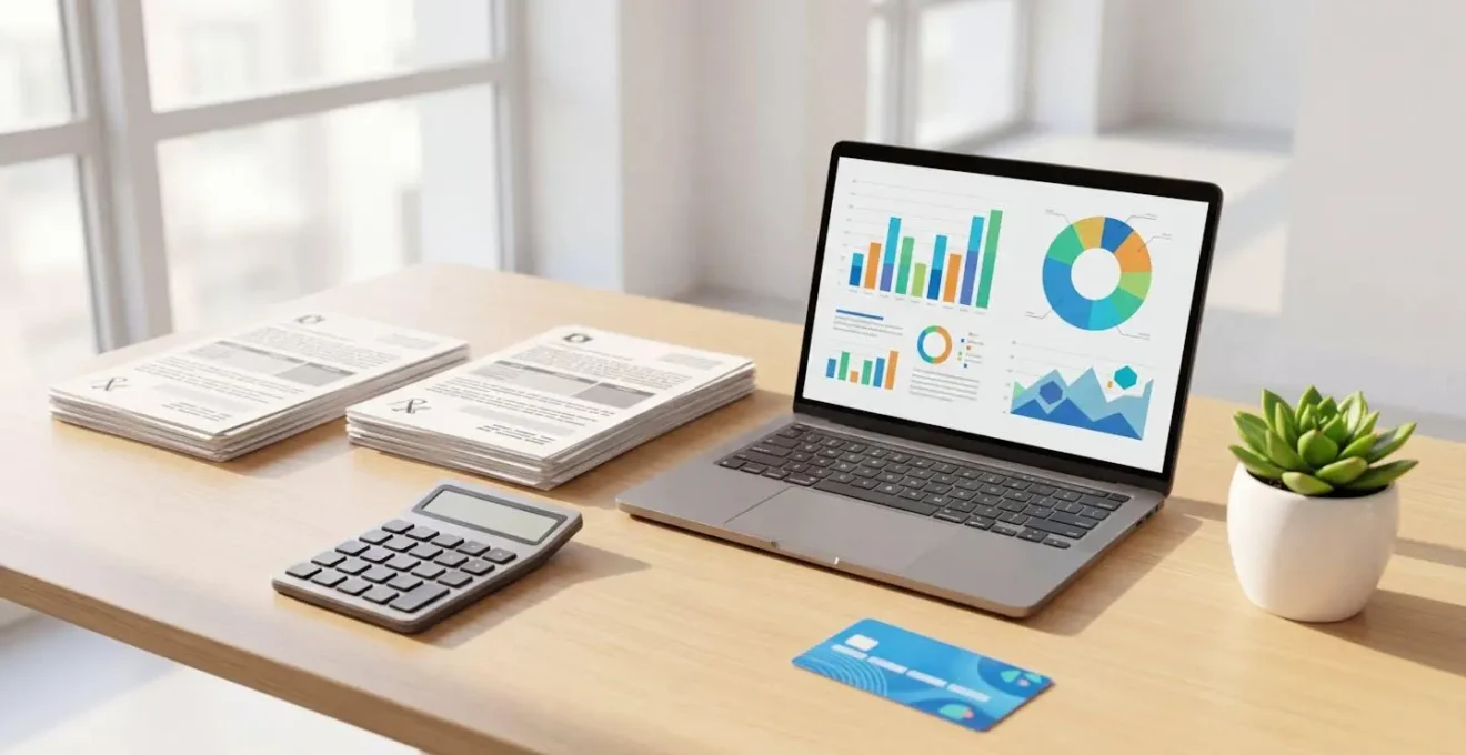 Bureau moderne avec calculatrice, documents de sécurité sociale et ordinateur affichant des graphiques de remboursements
