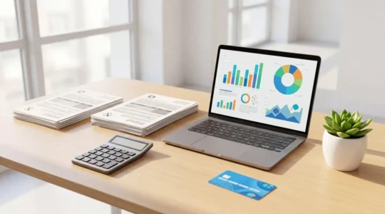 Bureau moderne avec calculatrice, documents de sécurité sociale et ordinateur affichant des graphiques de remboursements