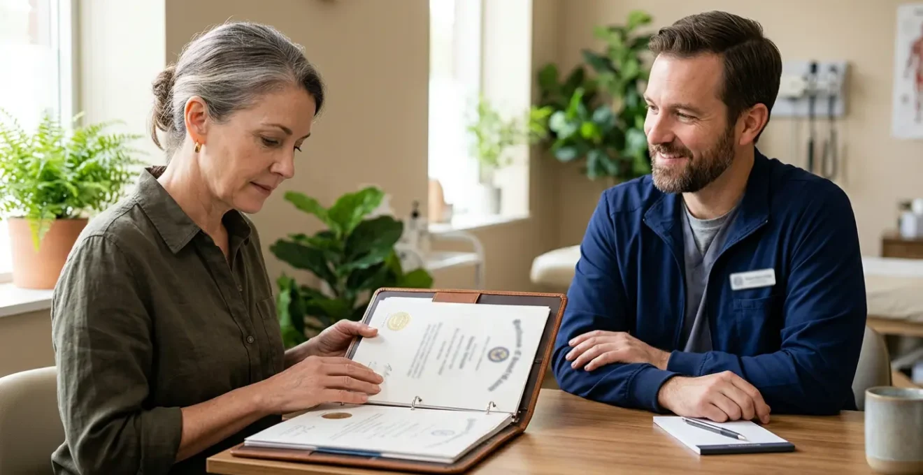 Consultation avec un praticien en thérapies complémentaires montrant diplômes et documents professionnels dans un cabinet lumineux