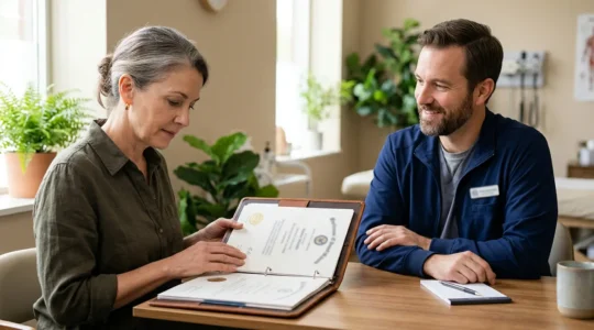 Consultation avec un praticien en thérapies complémentaires montrant diplômes et documents professionnels dans un cabinet lumineux
