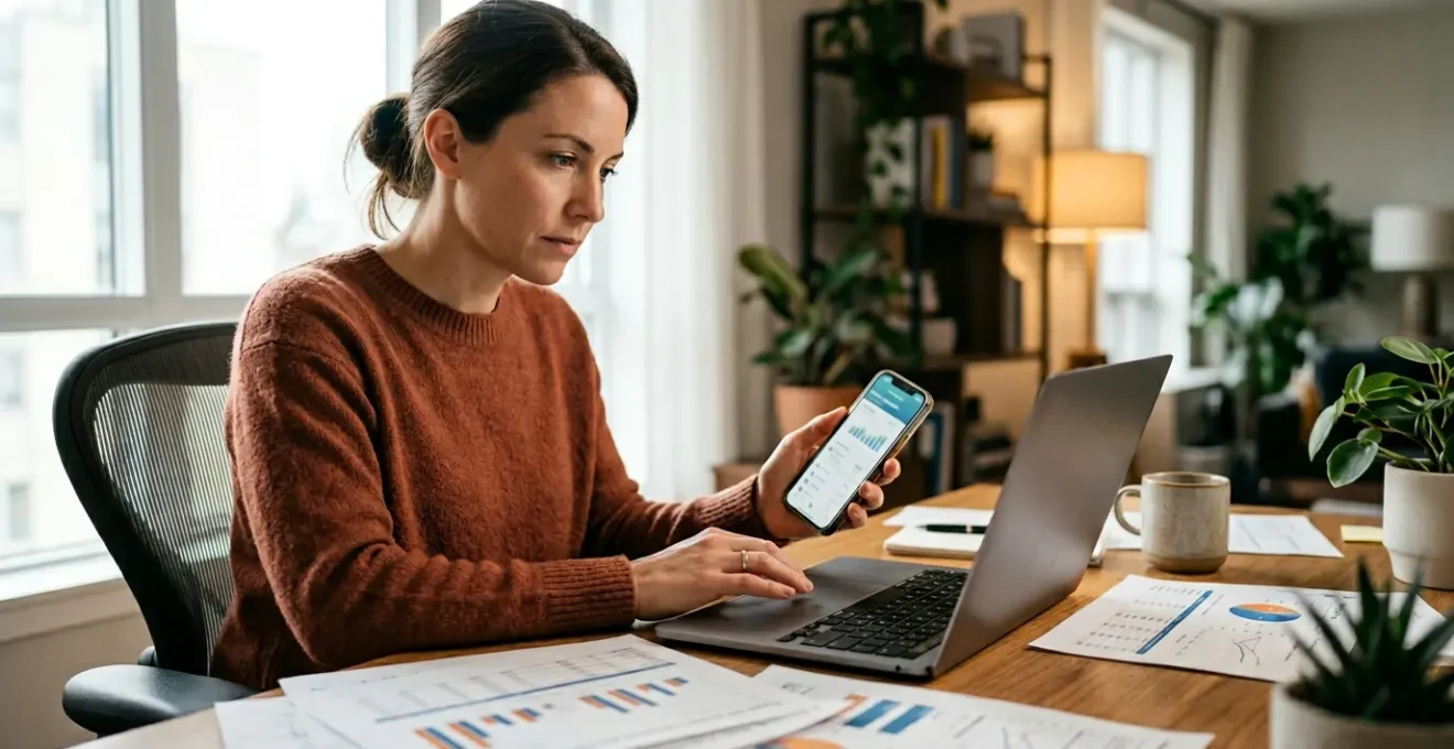Personne comparant des offres d'assurance santé sur ordinateur et smartphone avec graphiques et documents