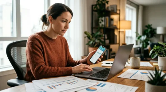 Personne comparant des offres d'assurance santé sur ordinateur et smartphone avec graphiques et documents