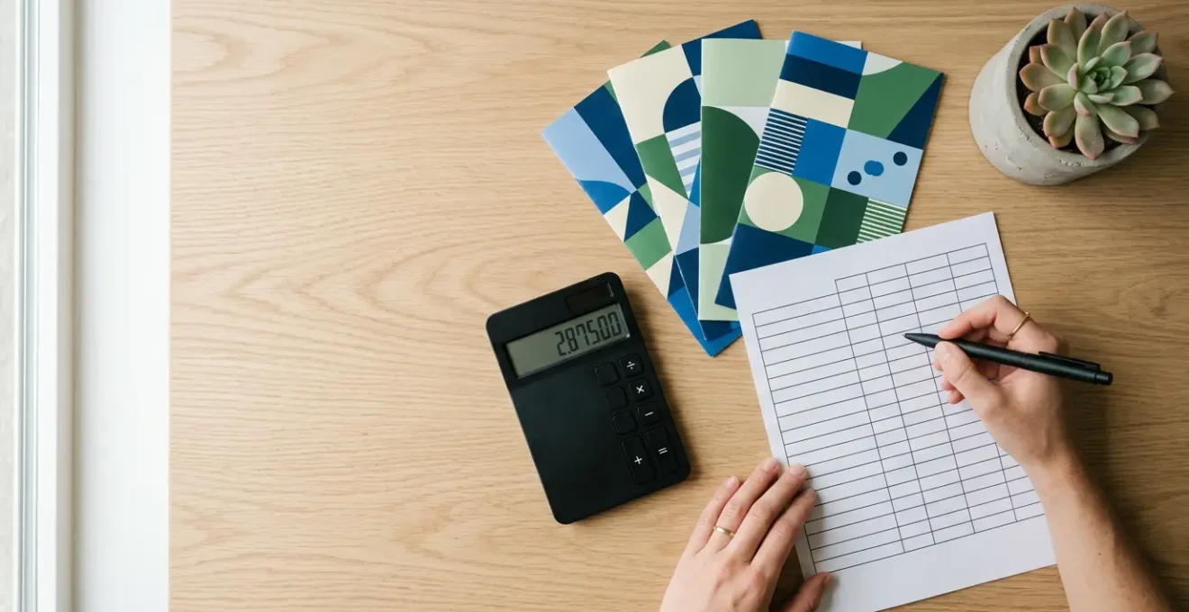 Personne comparant des offres de mutuelle santé avec calculatrice et documents sur un bureau épuré