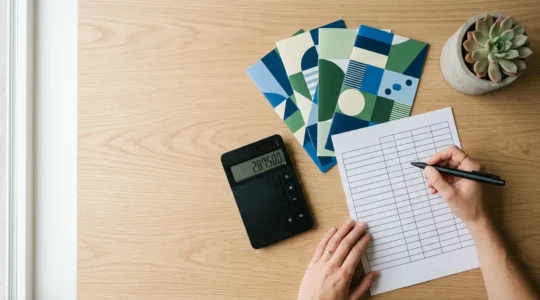 Personne comparant des offres de mutuelle santé avec calculatrice et documents sur un bureau épuré