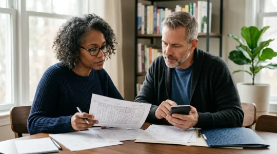 Consultation de médecine douce avec documents d'assurance santé et calculatrice pour optimiser les remboursements