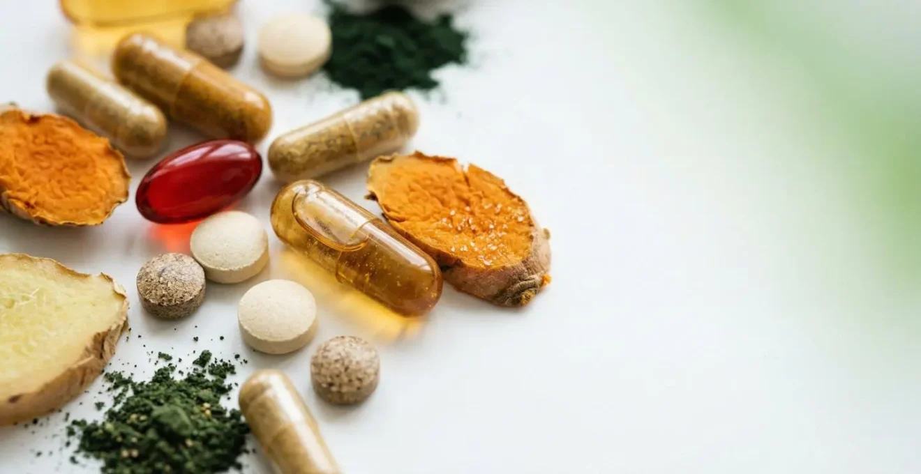 Vue macro de gélules naturelles de différentes formes et couleurs avec plantes médicinales en arrière-plan