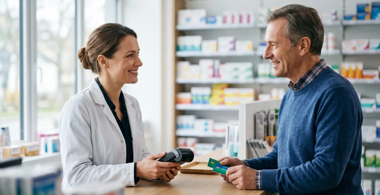 Pharmacien et patient utilisant la carte vitale et la carte mutuelle pour le tiers payant