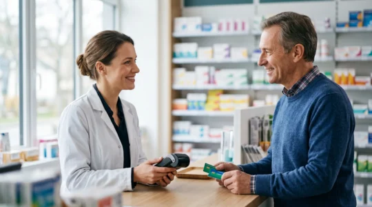 Pharmacien et patient utilisant la carte vitale et la carte mutuelle pour le tiers payant