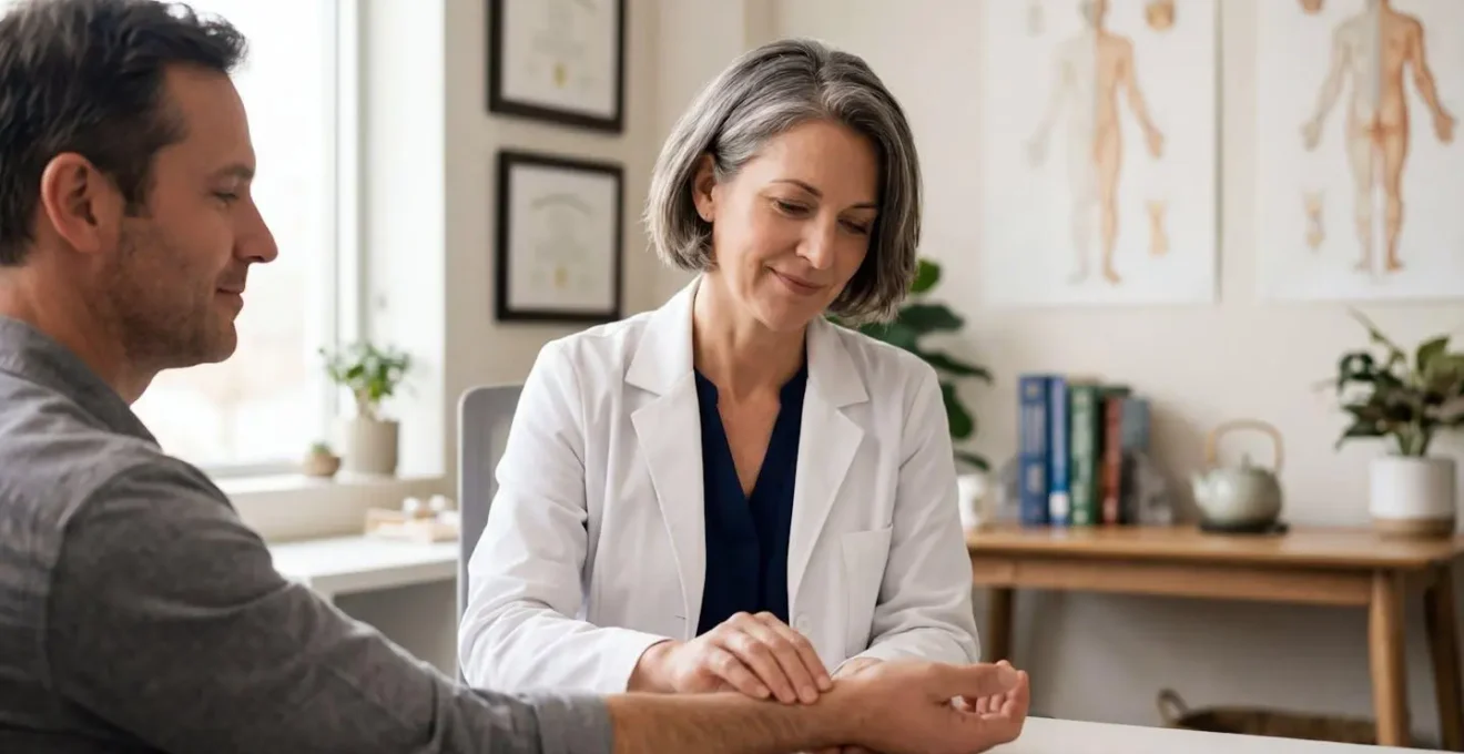 Patient en consultation d'acupuncture dans un cabinet médical moderne