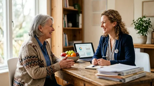 Une personne consultant un professionnel de santé avec des documents administratifs sur un bureau