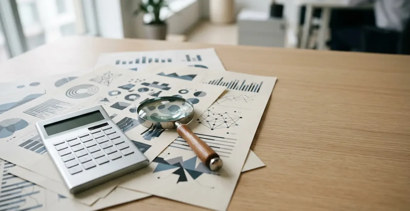 Documents contractuels de mutuelle d'entreprise avec calculatrice et loupe sur bureau professionnel