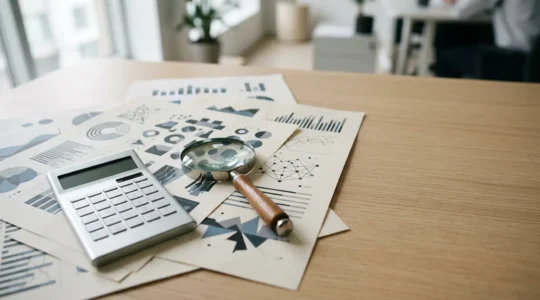 Documents contractuels de mutuelle d'entreprise avec calculatrice et loupe sur bureau professionnel