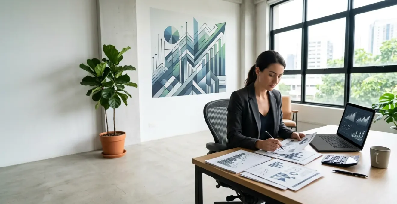 Entrepreneur analysant ses documents fiscaux et contrats d'assurance santé dans son bureau moderne