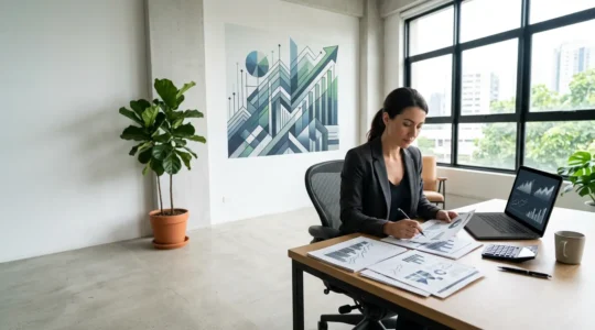 Entrepreneur analysant ses documents fiscaux et contrats d'assurance santé dans son bureau moderne