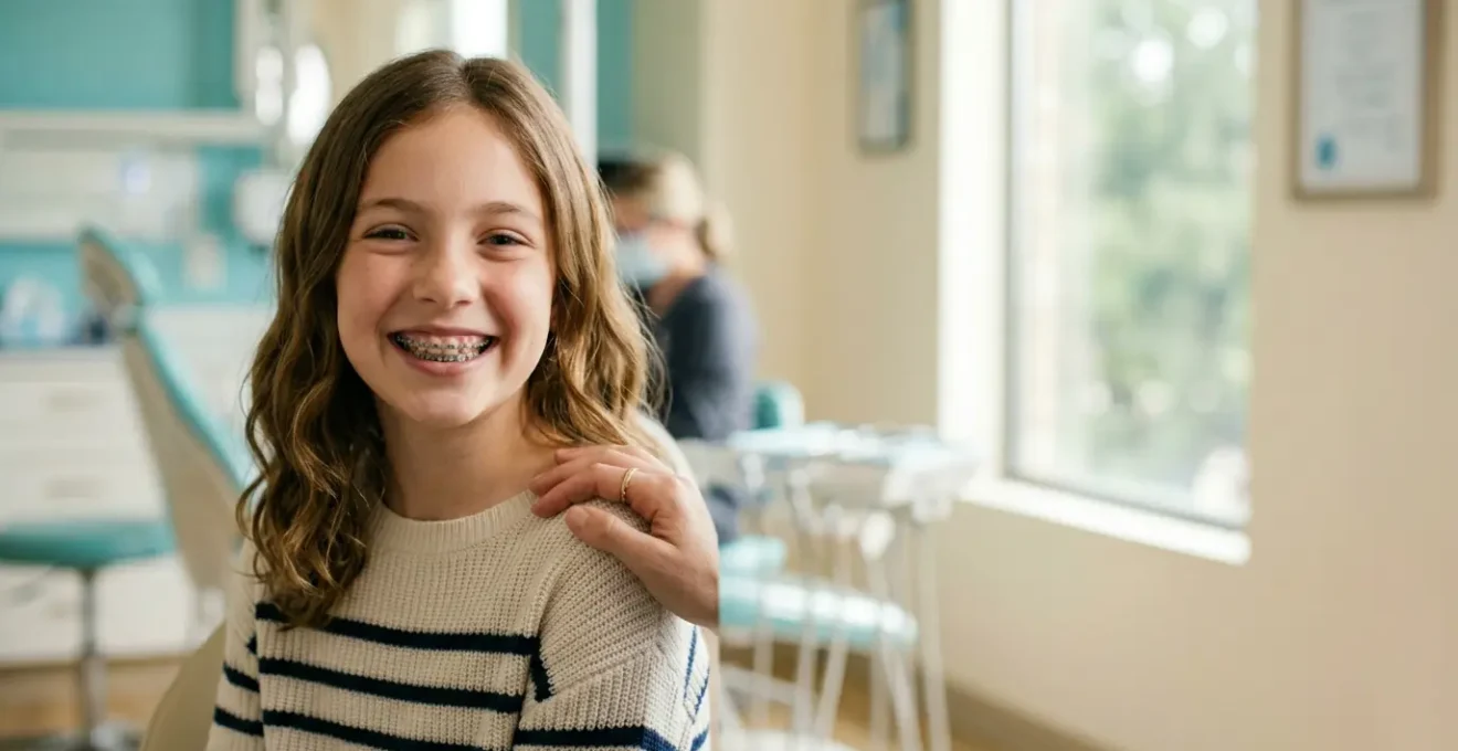 Jeune enfant souriant avec un appareil dentaire lors d'une consultation chez l'orthodontiste