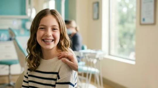 Jeune enfant souriant avec un appareil dentaire lors d'une consultation chez l'orthodontiste