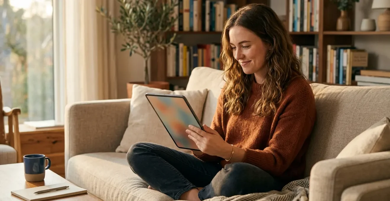 Personne consultant des comparateurs de mutuelle santé sur tablette dans un salon confortable