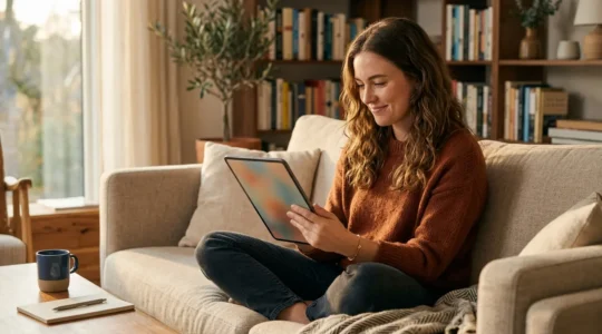 Personne consultant des comparateurs de mutuelle santé sur tablette dans un salon confortable