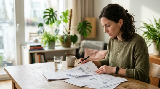 Personne de trente ans consultant des résultats médicaux dans un environnement moderne et lumineux