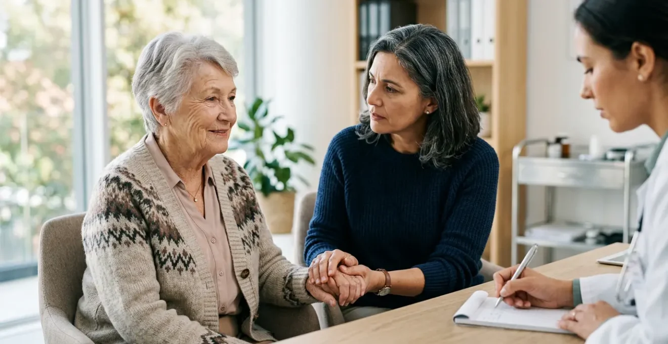 Consultation médicale avec une personne âgée accompagnée de son aidant familial dans un cabinet de gériatrie