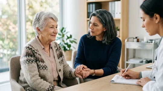 Consultation médicale avec une personne âgée accompagnée de son aidant familial dans un cabinet de gériatrie