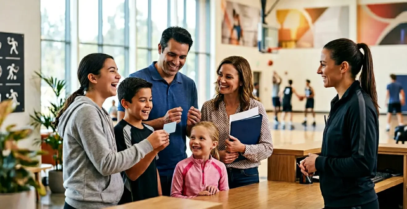 Famille heureuse dans un club sportif avec documents administratifs et badge de club