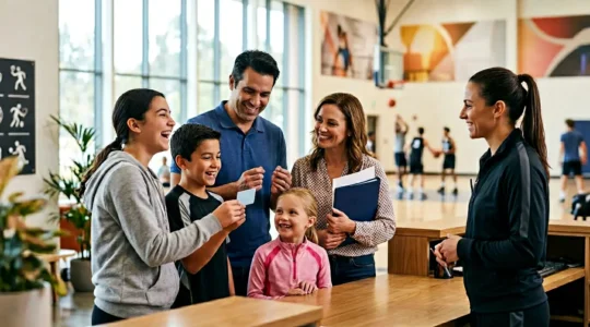 Famille heureuse dans un club sportif avec documents administratifs et badge de club