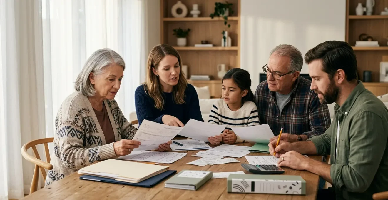 Famille organisant ses documents de santé et budget autour d'une table