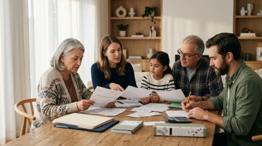 Famille organisant ses documents de santé et budget autour d'une table