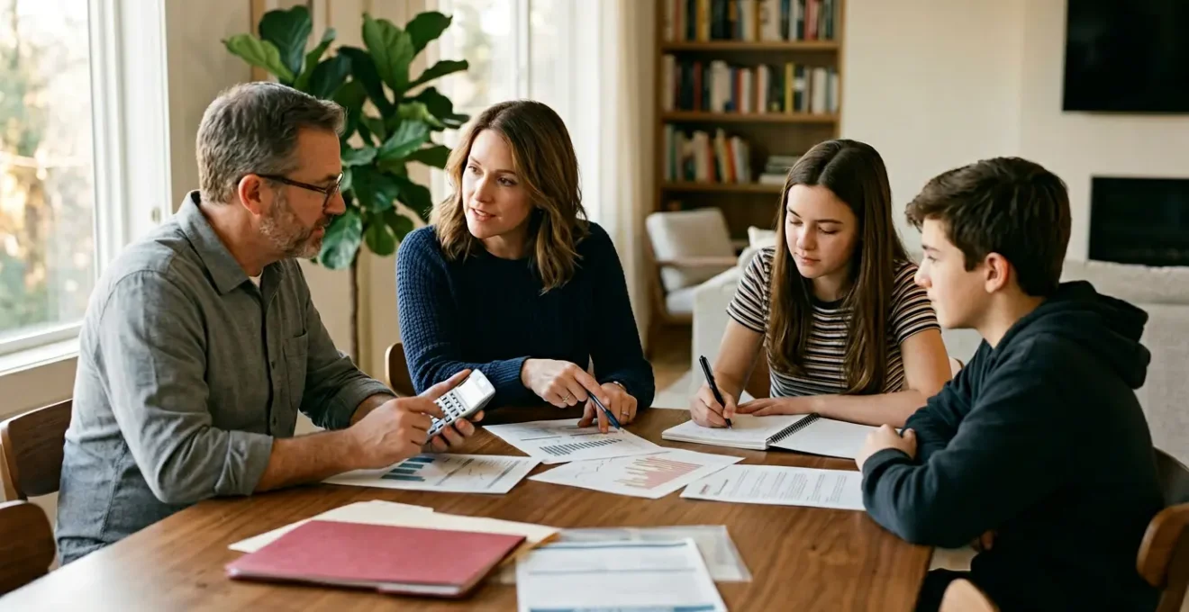 Famille attablée consultant ensemble des documents financiers avec calculatrice et dossiers médicaux
