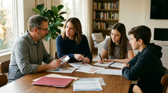 Famille attablée consultant ensemble des documents financiers avec calculatrice et dossiers médicaux