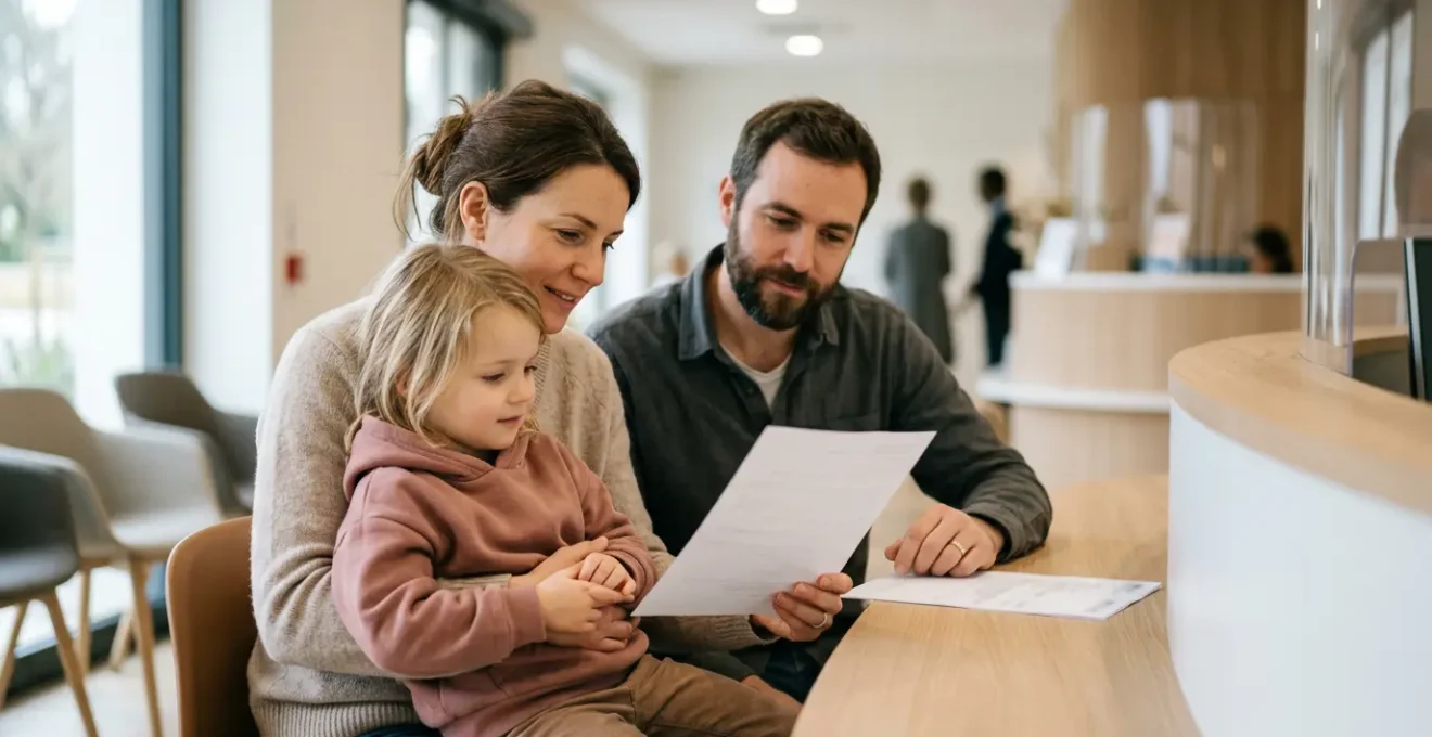 Famille française avec enfant dans un environnement médical moderne et rassurant