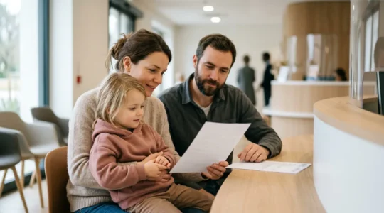 Famille française avec enfant dans un environnement médical moderne et rassurant