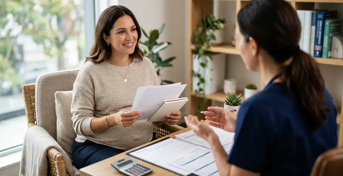 Femme enceinte en consultation avec une sage-femme discutant des options de remboursement de la rééducation périnéale
