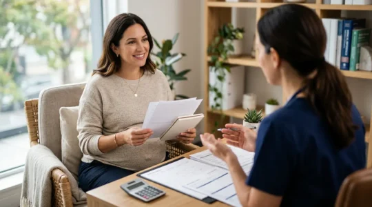 Femme enceinte en consultation avec une sage-femme discutant des options de remboursement de la rééducation périnéale