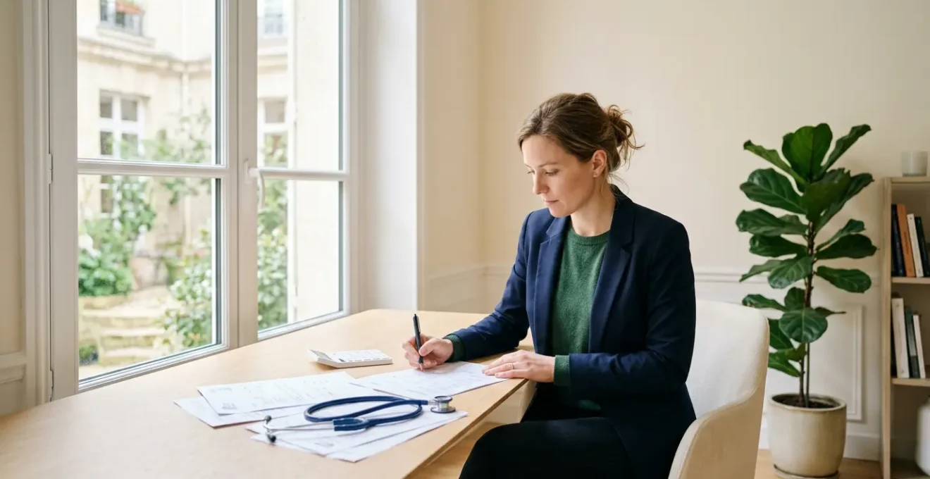 Femme examinant des documents médicaux et financiers dans un bureau lumineux
