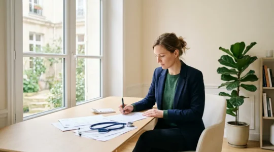 Femme examinant des documents médicaux et financiers dans un bureau lumineux
