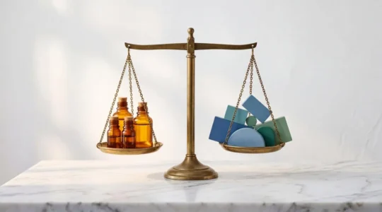 Composition visuelle montrant une balance entre fioles d'huiles essentielles et carte vitale française