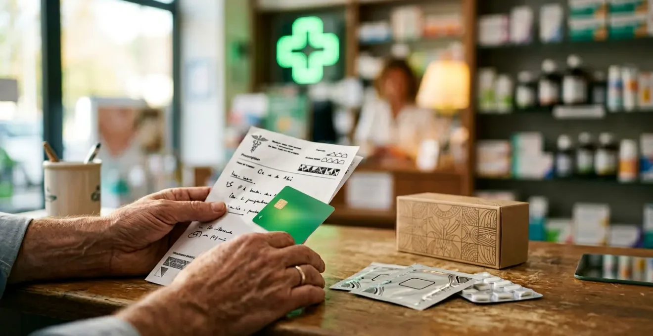 Personne tenant une ordonnance médicale avec des substituts nicotiniques et une carte Vitale, illustrant le parcours de remboursement du sevrage tabagique