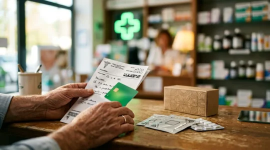 Personne tenant une ordonnance médicale avec des substituts nicotiniques et une carte Vitale, illustrant le parcours de remboursement du sevrage tabagique