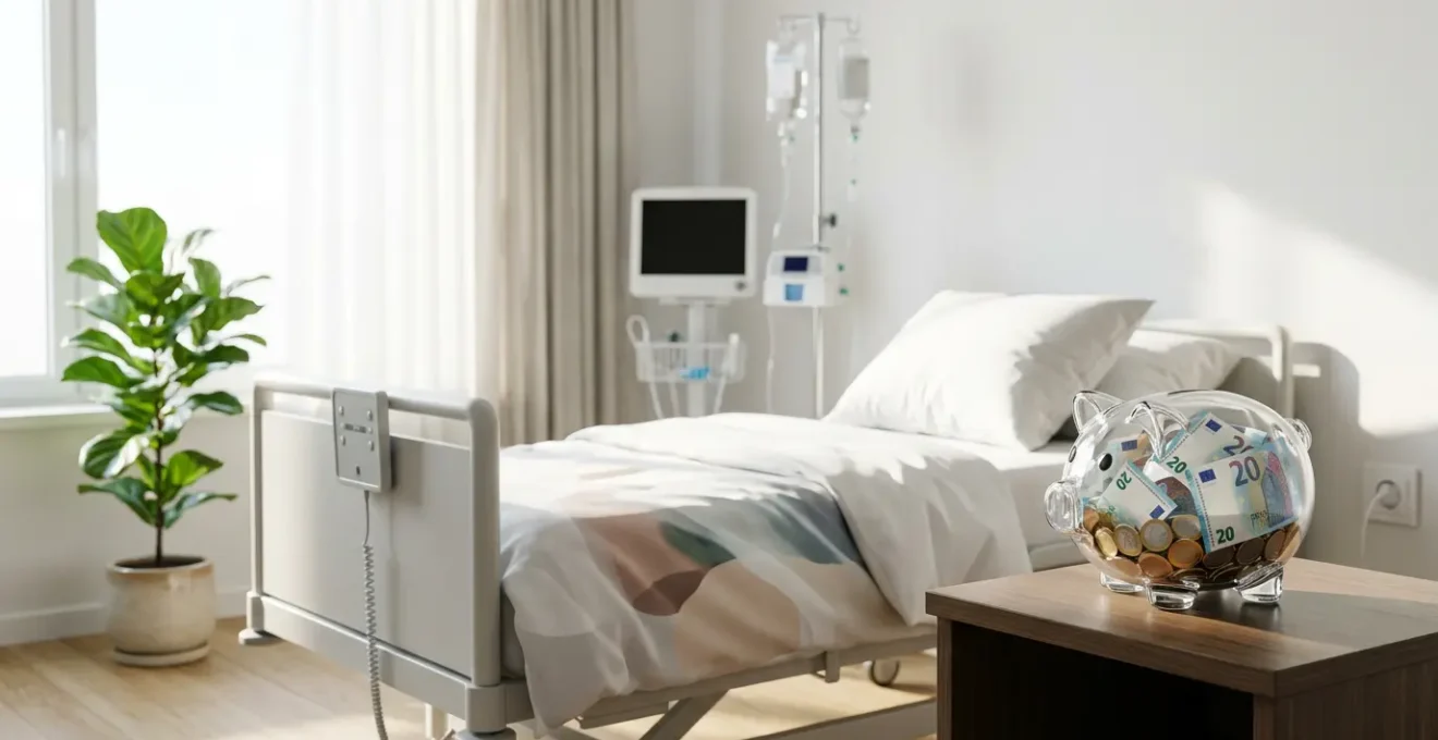 Vue d'un lit d'hôpital moderne avec une tirelire sur la table de chevet symbolisant les économies sur le forfait journalier hospitalier